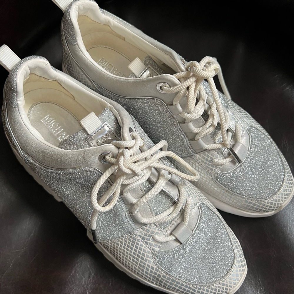 Michael Kors 7.5 silver and white tennis shoes